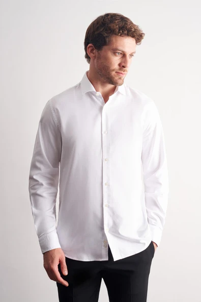 Beyaz Yarım İtalyan Yaka Kendinden Desenli Uzun Kol Premium Slim Fit %100 Pamuk Gömlek 1004255193 ürün görseli 1