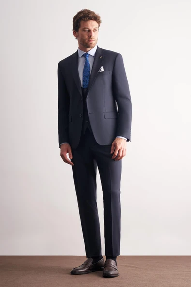 Lacivert Mono Yaka Yelekli 6 Drop Slim Fit Tam Astar Esnek Takım Elbise 1001255186 ürün görseli 1