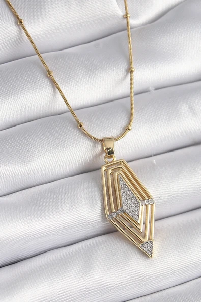 316L Çelik Gold Renk Zirkon Taşlı Vintage Model Kadın Kolye P113510S8551 ürün görseli 1