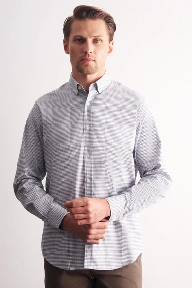 Beyaz-Haki Düğmeli Yaka Kareli Desen Uzun Kol Premium Slim Fit %100 Pamuk Gömlek 1004255185 ürün görseli 1