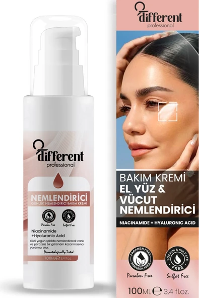 DİFFERENT PROFESİONAL Yoğun Nemlendirici El, Yüz, Vücut Bakım Kremi Su Bazlı Yağlı His Bırakmaz 100ml ürün görseli 1