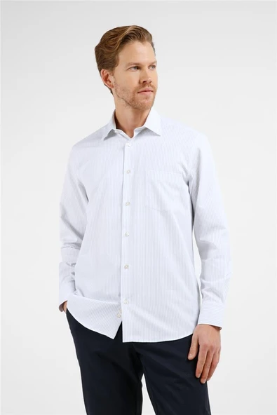Beyaz-Gri Çizgili Desen Sert Yaka Uzun Kol Cepli Comfort Fit Pamuklu Gömlek 1004255275 ürün görseli 1