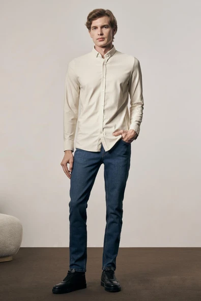 Bej-Beyaz Smart Düğmeli Yaka Uzun Kol Cepsiz Slim Fit Casual Gömlek 1004255165 ürün görseli 1