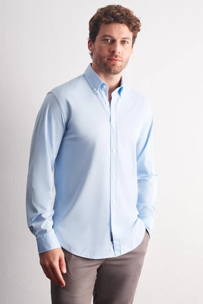 Mavi Düğmeli Yaka Örme Uzun Kol Performans Ürün Slim Fit Esnek Gömlek 1004255270 ürün görseli 1