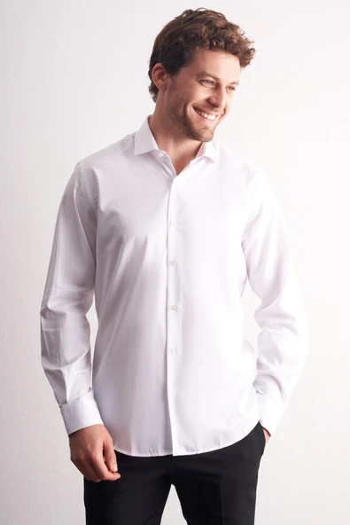 Beyaz Yarım İtalyan Yaka Uzun Kol Premium Slim Fit %100 Pamuk Gömlek 1004255197 ürün görseli 1