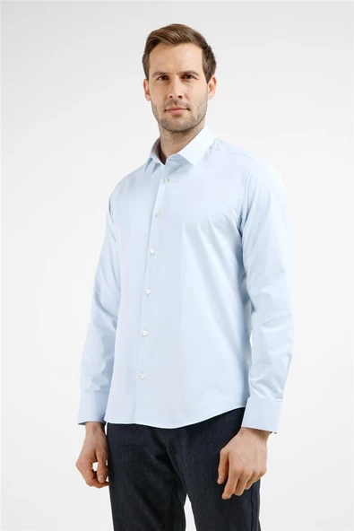 Mavi Kendinden Desenli Sert Yaka Uzun Kol Cepsiz Slim Fit Pamuklu Gömlek 1004255229 ürün görseli 1