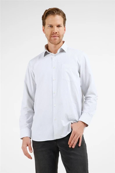 Beyaz-Siyah Çizgili Desen Sert Yaka Uzun Kol Cepli Comfort Fit Pamuklu Gömlek 1004255208 ürün görseli 1