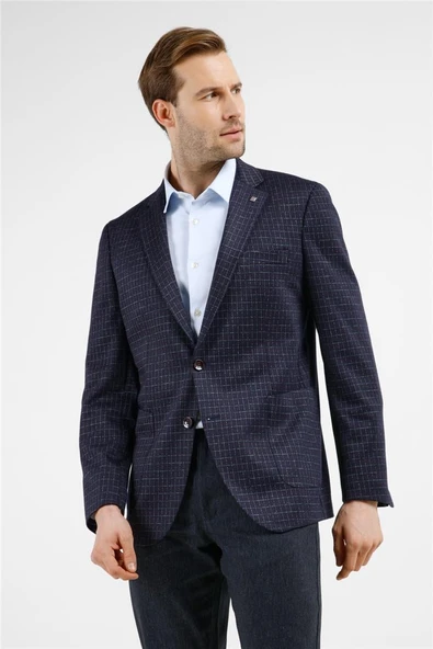 Lacivert Mono Yaka Kareli Desen Esnek 6 Drop Comfort Fit Classic Ceket 1002255153 ürün görseli 1