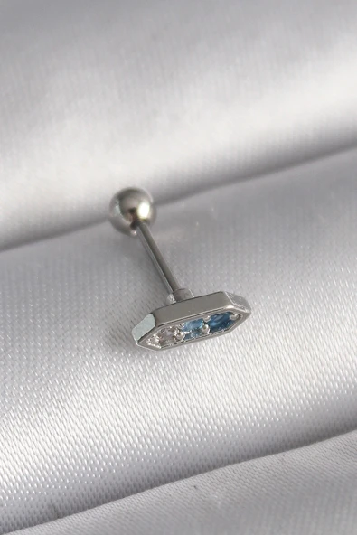 316L Çelik Gümüş Renk Mavi Zirkon Taşlı Tragus Piercing ürün görseli 1
