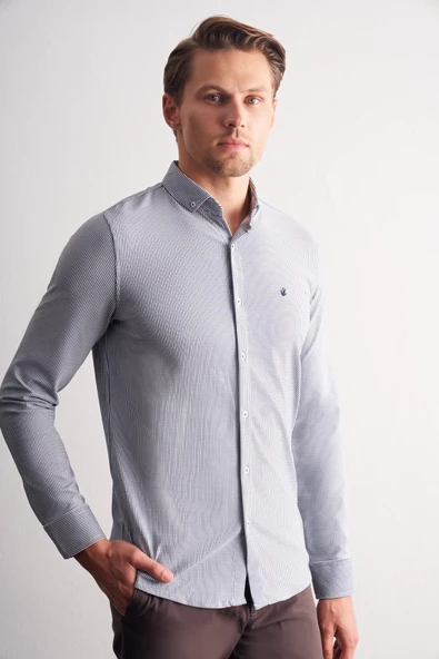Lacivert Smart Düğmeli Yaka Uzun Kol Cepsiz Slim Fit Casual Gömlek 1004255166 ürün görseli 1