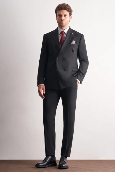 Siyah Kırlangıç Yaka Kruvaze 6 Drop Slim Fit Tam Astar Esnek Takım Elbise 1001255158 ürün görseli 1