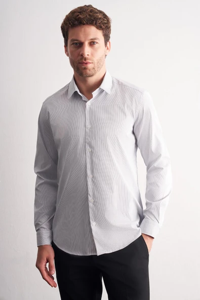Beyaz-Lacivert Sert Yaka Çizgili Desen Uzun Kol Slim Fit Esnek Gömlek 1004255177 ürün görseli 1