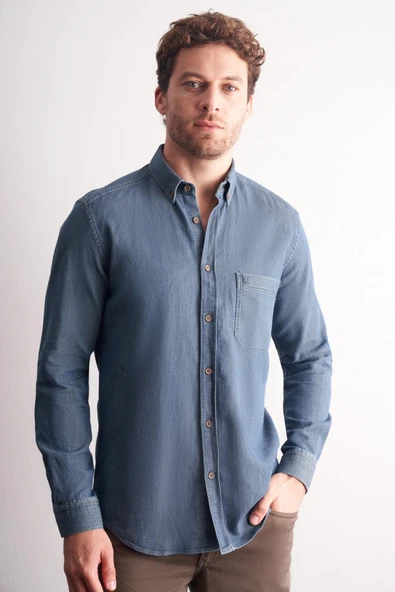 Lacivert-Vizon Uzun Kol Düğmeli Yaka Kendinden Desenli %100 Pamuk Slim Fit Gömlek 1004255199 ürün görseli 1
