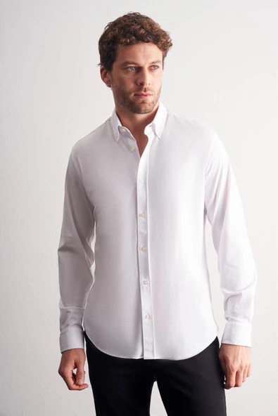 Beyaz Düğmeli Yaka Örme Uzun Kol Performans Ürün Slim Fit Esnek Gömlek 1004255270 ürün görseli 1