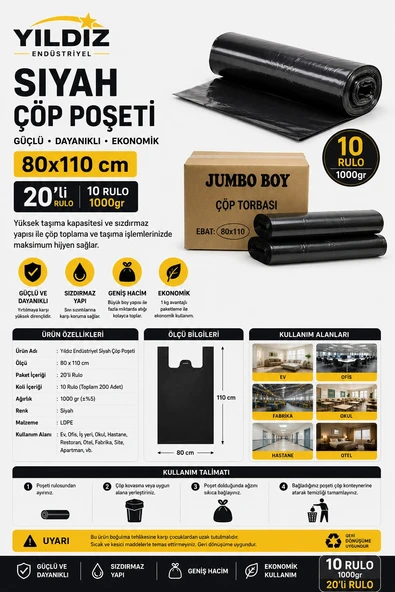 Yıldız Endüstriyel Siyah Çöp Poşeti 80x110 cm 20'li 10 Rulo 1000 gr ürün görseli 1