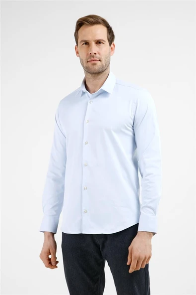 Mavi Sert Yaka Uzun Kol Cepsiz Slim Fit Pamuklu Gömlek 1004255228 ürün görseli 1