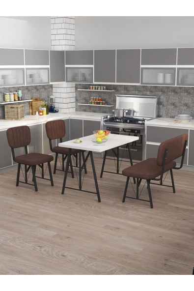Hayat 70 x 110 Beyaz Mutfak Masası, Mutfak Masası Takımı, Yemek Masası, 2 Sandalye 1 Bench - Kahverengi ürün görseli 1