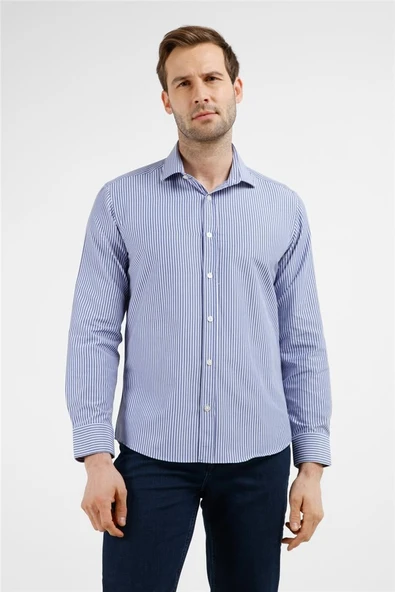 Lacivert-Beyaz Çizgili Desen İtalyan Yaka Uzun Kol Cepsiz Slim Fit Pamuklu Gömlek 1004255217 ürün görseli 1