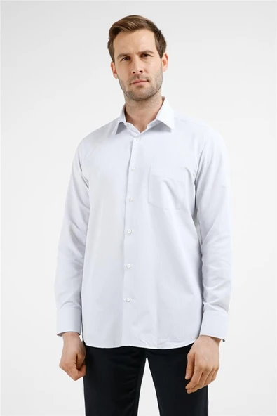 Beyaz-Mavi Çizgili Desen Sert Yaka Uzun Kol Cepli Comfort Fit Pamuklu Gömlek 1004255278 ürün görseli 1