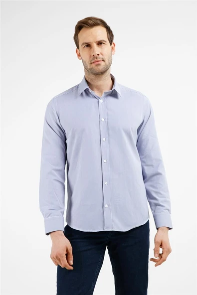 Beyaz-Lacivert Çizgili Desen Sert Yaka Uzun Kol Cepsiz Slim Fit Pamuklu Gömlek 1004255282 ürün görseli 1