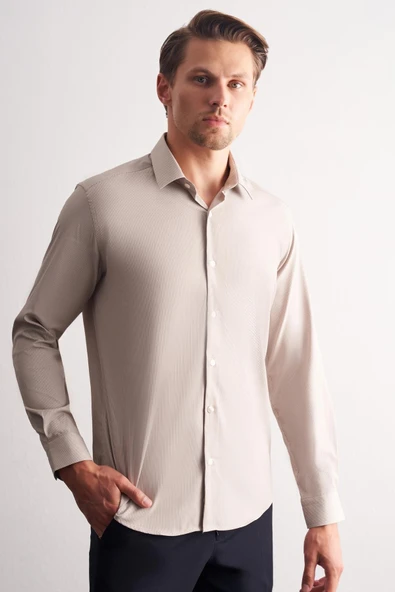 Bej-Beyaz Sert Yaka Çizgili Desen Uzun Kol Slim Fit Esnek Gömlek 1004255176 ürün görseli 1