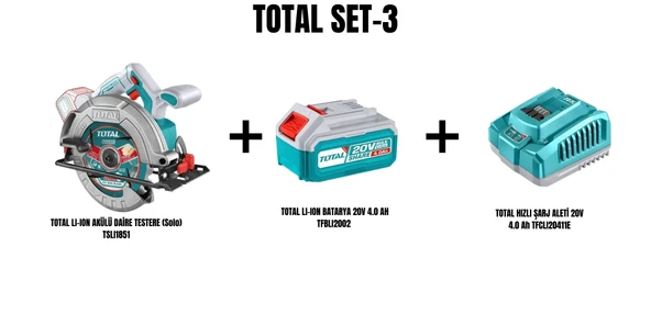 Total Set-3 (TOTAL LI-ION AKÜLÜ DAİRE TESTERE TSLI1851+LI-ION BATARYA 20V 4.0 AH TFBLI2002+HIZLI ŞARJ ALETİ 20V 4.0 Ah TFCLI20411E) ürün görseli 1