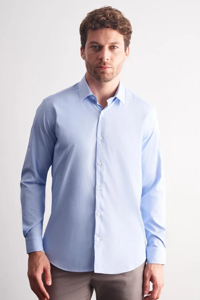 Mavi-Beyaz Sert Yaka Çizgili Desen Uzun Kol Slim Fit Esnek Gömlek 1004255176 ürün görseli 1