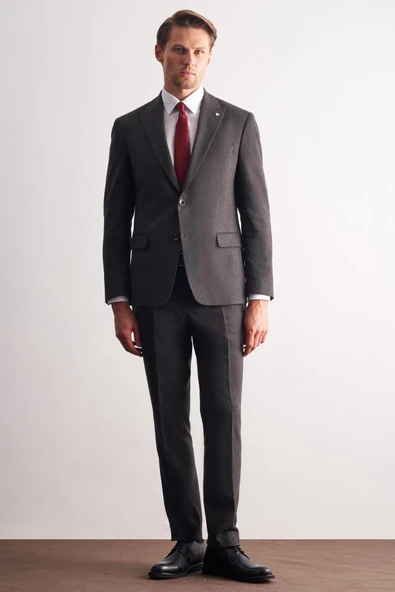 Koyu Füme Kırlangıç Yaka Çizgili 6 Drop Slim Fit Tam Astar Esnek Takım Elbise 1001255165 ürün görseli 1