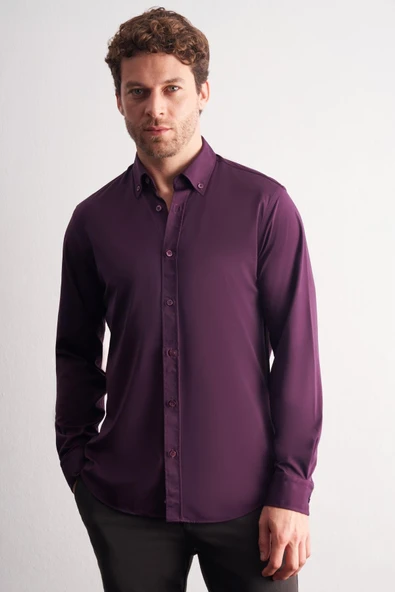 Mor Düğmeli Yaka Örme Uzun Kol Performans Ürün Slim Fit Esnek Gömlek 1004255270 ürün görseli 1