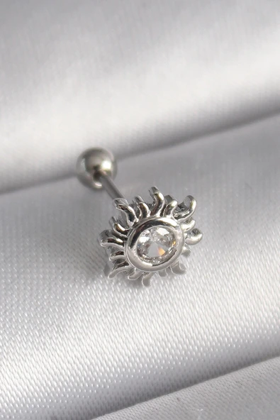 316L Çelik Gümüş Renk Zirkon Taşlı Güneş Tragus Piercing ürün görseli 1