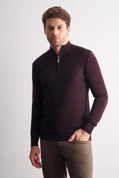 Mürdüm Dik Yaka Uzun Kol Cepsiz Slim Fit Casual Pamuklu Triko Kazak 1012255108 ürün görseli 1