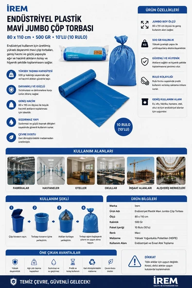 İrem Endüstriyel Plastik Mavi Jumbo Çöp Torbası 500 Gr 80x110 cm 10'lu 10 Rulo ürün görseli 1