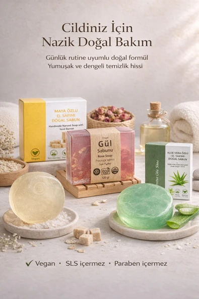 3'lü Doğal Sabun Seti  Maya, Aloe Vera, Gül Özlü - Hassas & Günlük Nazik Bakım Serisi ürün görseli 1