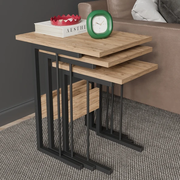 Easyfit 3'lü Metal Ayaklı Zigon Sehpa - Atlantik Çam ürün görseli 1