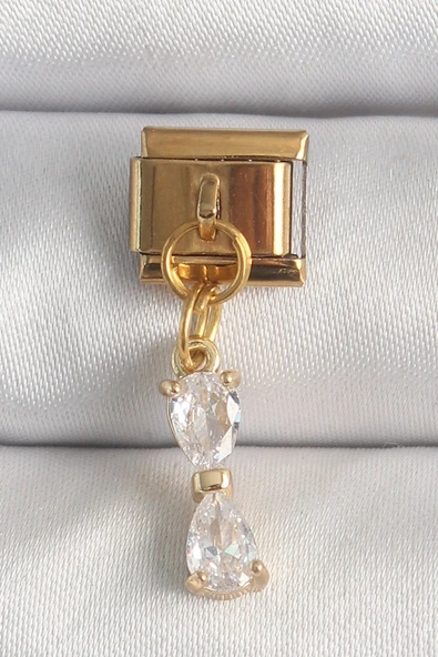 316L Çelik Gold Renk Sallantı Zirkon Taşlı Kurdele Model Nomination Charm ürün görseli 1