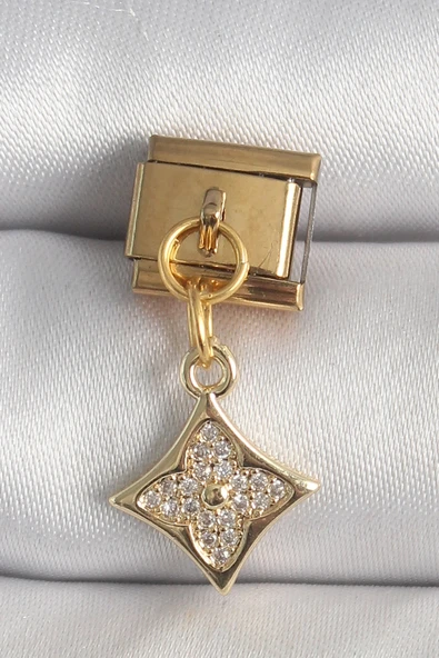 316L Çelik Gold Renk Sallantı Zirkon Taşlı Çiçek İşlemeli Nomination Charm ürün görseli 1