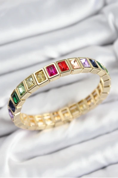 Pirinç Karışık Zirkon Taşlı Dikdörtgen Model Gold Renk Lastikli Kadın Bileklik ürün görseli 1