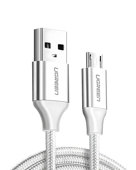 UGREEN USB 2.0 A to Micro USB Örgülü Hızlı Şarj Kablosu, 1m, Beyaz, 60151 ürün görseli 1