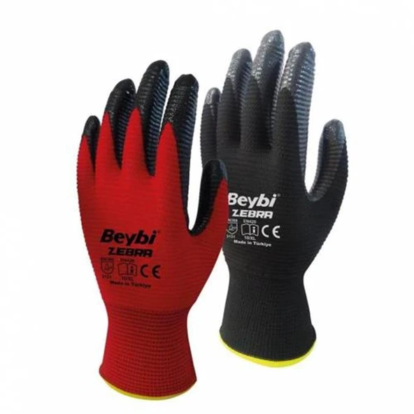 Beybi Nitril Poly PNzebra 9 Beden Kırmızı Siyah  Eldiven 12li Paket EN388 (3131X) ürün görseli 1