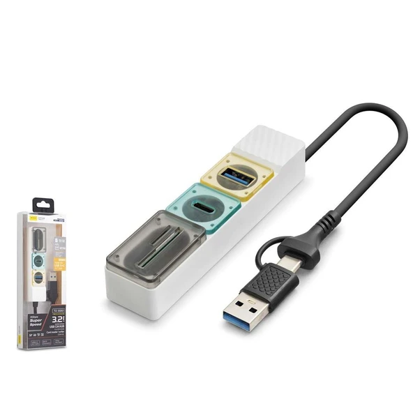 Hadron HDX7058 Hub 5Gbps 1x Type-C 3.2+1xUsb-A 3.2+SD+microSD 4 Port 2in1 Kablolu Kart Okuyu Beyaz ürün görseli 1