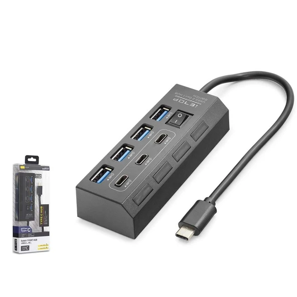 Hadron HDX7057 İetop Type-C Hub 5Gbps 3x Type-C 3.2 + 4x Usb-A 3.2 7 Port Anahtarlı Çoklayıcı Siyah ürün görseli 1