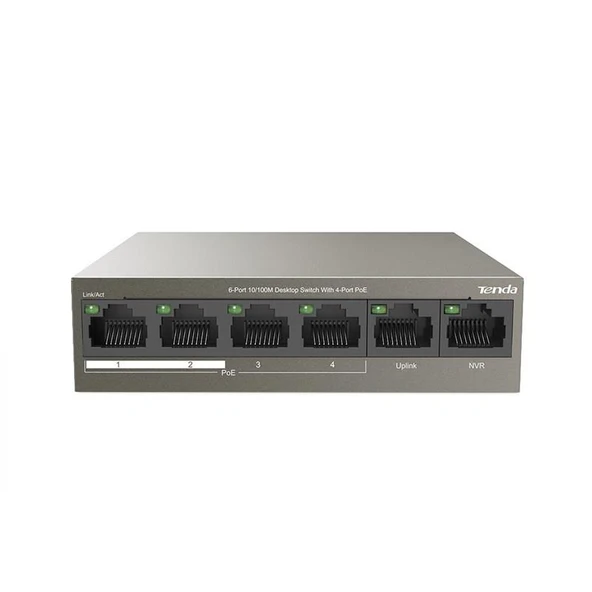 Tenda TEF1106P 6 Port 4 Port Poe+ 10-100 + 2 Port Uplink Switch Çelik Kasa Rack Mount ürün görseli 1