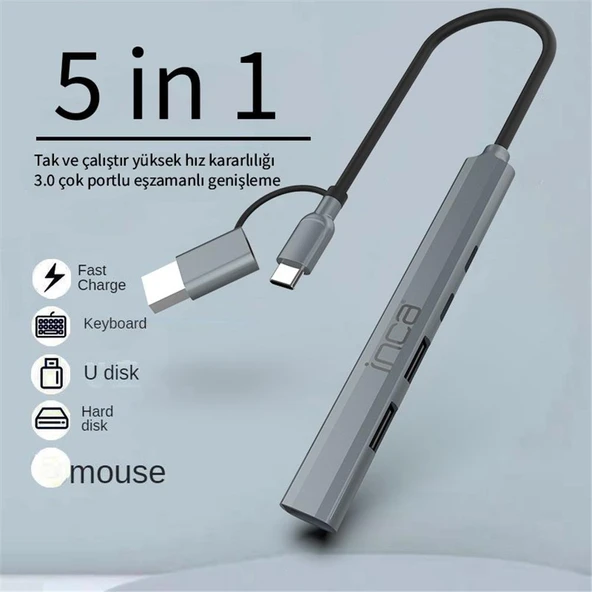 Inca IUTP-06TX 5in1 USB 3.0 + 2xUSB 2.0+Type-C+PD 100W USB+Type-C Çoklayıcı 3.0 ile 5 Gbps ürün görseli 1