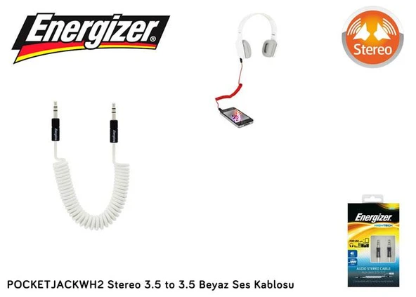 Energizer POCKETJACWH2 Stereo 3.5 to 3.5 Beyaz Ses Kablosu ürün görseli 1