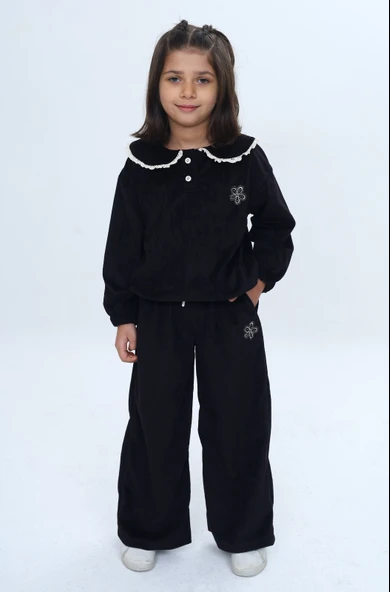 Toontoy Kız Çocuk 2'li Takım Yakası Güpürlü Nakışlı Sweatshirt & Beli Lastikli Bol Paça Eşofman Altı - Düğüme Detaylı & Kadife ürün görseli 1