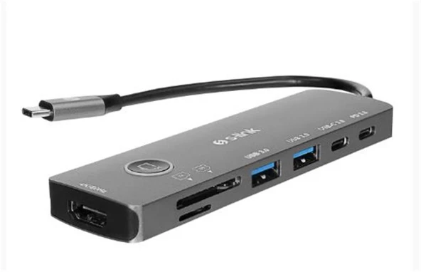 S-link SW-U707 HDMI Gri Metal 7 in 1 2-USB 3.0, 1-Type-C  HDMI 4K60HZ, SD ve TF Type C Hub Adaptör ürün görseli 1