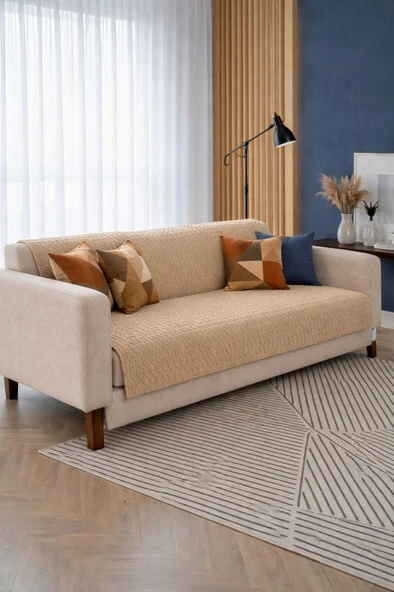 Liva Pelüş Kaymaz Tabanlı Koltuk Örtüsü 170x215 Cm Bej ürün görseli 1