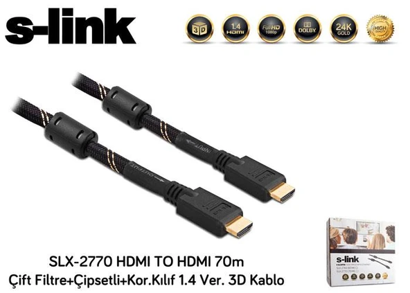 S-link SLX-2770 HDMI TO HDMI 70m Çift Filtre+Çipsetli+Kor.Kılıf 1.4 Ver. 3D Kablo ürün görseli 1