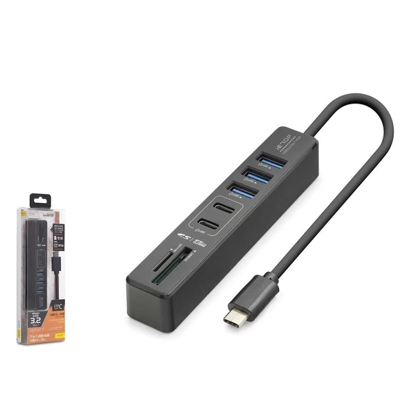 Hadron HDX7061 İetop Type-C Hub 5Gbps 2x Usb-C 3.2+3x Usb-A 3.2+SD+microSD 7 Port Kart Okuyucu Siyah ürün görseli 1