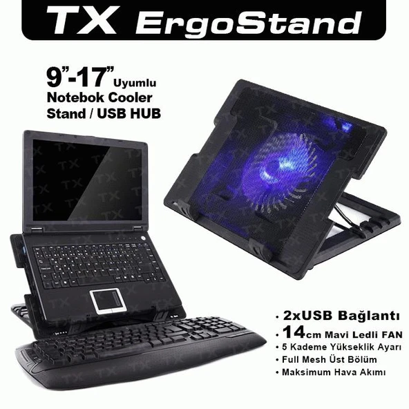TX ACNBERGST  ErgoStand 14cm Led Fan'lı 5 KademeLİ 2xUsb 9"-17" Notebook Soğutucu-Stand ürün görseli 1